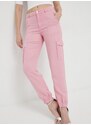 Kalhoty Guess dámské, růžová barva, střih chinos, high waist