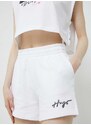 Bavlněné šortky HUGO bílá barva, s potiskem, high waist
