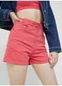 Džínové šortky Tommy Jeans dámské, růžová barva, hladké, high waist