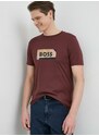 Bavlněné tričko BOSS vínová barva, s potiskem