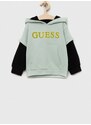 Dětská bavlněná mikina Guess tyrkysová barva, s kapucí, vzorovaná