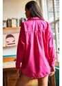 Olalook Women's Fuchsia Bird Sequin Detail Woven Boyfriend Shirt