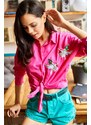 Olalook Women's Fuchsia Bird Sequin Detail Woven Boyfriend Shirt
