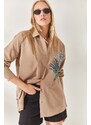 Olalook Mink Palm Sequin Detailed Oversized Woven Poplin Shirt