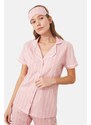 Trendyol Pink Cotton Striped Piping Detailed Sleep Tape Knitted Pajamas Set