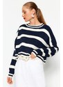 Trendyol Navy Blue Crop pruhovaný pletený svetr