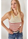 Olalook Women's Ecru Red Halter Neck Striped Knitwear Blouse