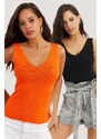 Cool & Sexy Women's Black-Orange Double Ladder Collar Knitwear Blouse YV123