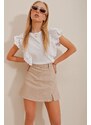 Trend Alaçatı Stili Women's Beige Slit Detailed Jean Shorts Skirt with Zipper on the Side