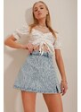 Trend Alaçatı Stili Women's Blue Slit Detailed Jean Shorts Skirt with Zipper on the Side