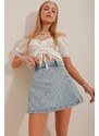 Trend Alaçatı Stili Women's Blue Slit Detailed Jean Shorts Skirt with Zipper on the Side