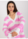 Fashionhunters Růžový a ecru pruhovaný oversize svetr