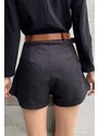 Trend Alaçatı Stili Women's Black Waisted Belted Pleated Gabardine Shorts Skirt