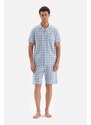 Dagi Light Blue Shirt Collar Plaid Woven Shorts Pajamas Set