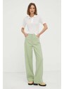Kalhoty Remain dámské, zelená barva, jednoduché, high waist
