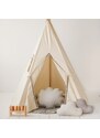 Moi Mili Béžový bavlněný teepee stan Fluffy Pompoms 170 x 130 cm