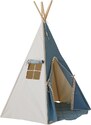 Moi Mili Béžovo-modrý bavlněný teepee stan Fluffy Pompoms 170 x 130 cm