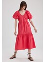 DEFACTO V-Neck Poplin Raglan Sleeve Midi Dress