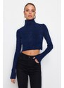 Trendyol Navy Blue Crop Měkký texturovaný pletený svetr