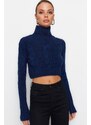 Trendyol Navy Blue Crop Měkký texturovaný pletený svetr