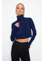 Trendyol Navy Blue Crop Měkký texturovaný pletený svetr