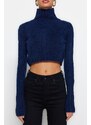 Trendyol Navy Blue Crop Měkký texturovaný pletený svetr