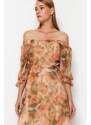 Trendyol Oranžová Květinový Carmen Límec A-Linie / Bell Form Šifón Maxi Podšívka Tkané šaty