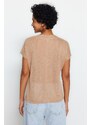 Trendyol Beige V-Neck Linen Look Regular Fit Knitted T-Shirt