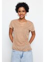 Trendyol Beige V-Neck Linen Look Regular Fit Knitted T-Shirt