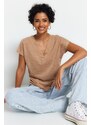 Trendyol Beige V-Neck Linen Look Regular Fit Knitted T-Shirt