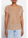 Trendyol Beige V-Neck Linen Look Regular Fit Knitted T-Shirt