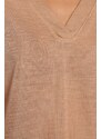 Trendyol Beige V-Neck Linen Look Regular Fit Knitted T-Shirt