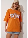 Happiness İstanbul Women's Orange Printed Crewneck Combed Combed Cotton T-Shirt