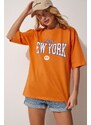 Happiness İstanbul Women's Orange Printed Crewneck Combed Combed Cotton T-Shirt
