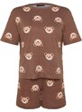 Trendyol Curve Brown Teddy Bear Printed Cotton Knitted Pajamas Set