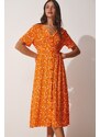 Happiness İstanbul Štěstí İstanbul Dámské oranžové květinové viskózové letní šaty s jedním knoflíkem