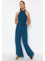 Trendyol Petrol Belted Maxi Chiffon Lined Woven Jumpsuit