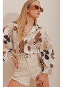 Trend Alaçatı Stili Women's Beige Princess Ethnic Patterned Flamed Linen Woven Shirt