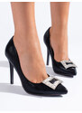 Black satin pumps with silver Shelvt buckle