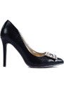 Black satin pumps with silver Shelvt buckle