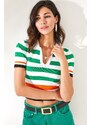 Olalook Women's Orange Green Polo Collar Striped Crop Knitwear Blouse
