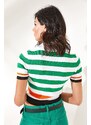 Olalook Women's Orange Green Polo Collar Striped Crop Knitwear Blouse