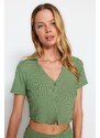 Trendyol Dark Green Ribbed Crop T-shirt-Shorts Knitted Pajamas Set