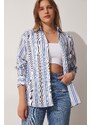 Happiness İstanbul Women's White Blue Striped Oversized Cotton Shirt