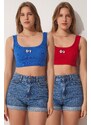 Happiness İstanbul Women's Blue Red 2-pack Panda Embroidery Knitted Crop Blouse