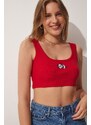 Happiness İstanbul Women's Blue Red 2-pack Panda Embroidery Knitted Crop Blouse