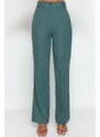 Trendyol Tmavě zelené rovné střihy s vysokým pasem žebrované prošívané tkané kalhoty