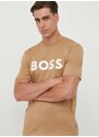 Bavlněné tričko BOSS béžová barva, s potiskem