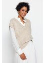 Trendyol Beige Crop Měkký texturovaný pletený svetr s barevným blokem