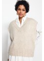 Trendyol Beige Crop Měkký texturovaný pletený svetr s barevným blokem